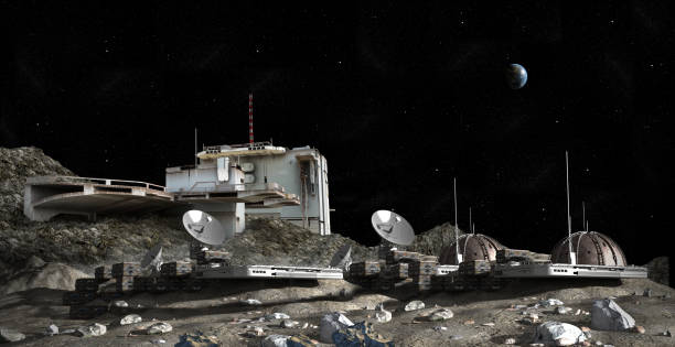 Moon outpost colony 3D Illustration of a Moon outpost colony with dome structures, research modules, observation pods and communication satellite dishes for space exploration and science fiction backgrounds. military base stock pictures, royalty-free photos & images