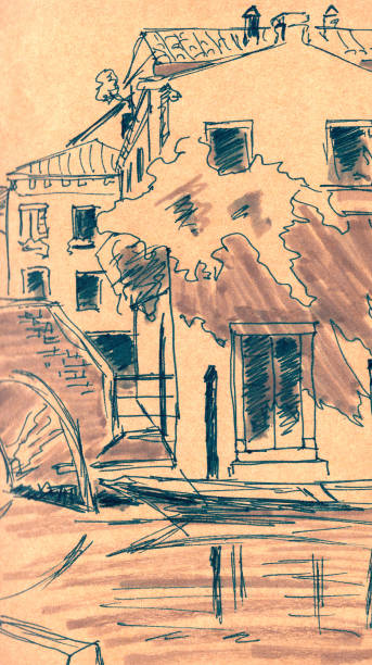 istock Venice canal houses bridge graphic travel sketch 1346047771