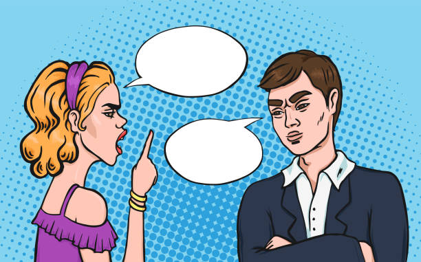 illustrations, cliparts, dessins animés et icônes de couple fighting avec bulle de parole pour le texte, illustration vectorielle de style pop art dessinée à la main. femme criant sur son homme. homme et femme d’affaires asiatiques se disputant - arguing conflict displeased business