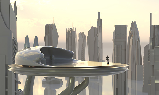 Businessman on top of a futuristic building