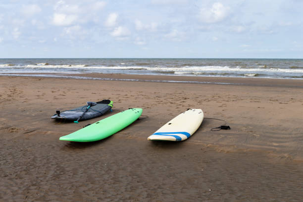 Surfboards on the beach stock photo