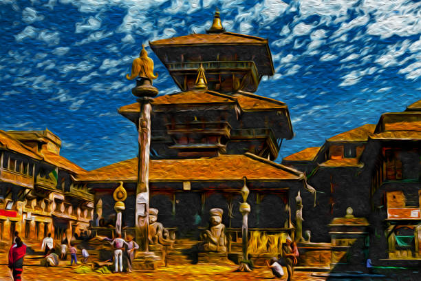 People on square in front of pagoda-shape building, in Bhaktapur. A quiet and ancient village in the countryside of Nepal. Oil paint filter.