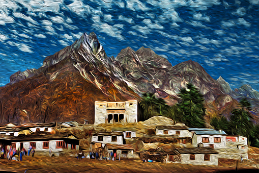 Small village and Buddhist temple of Tengboche at the Himalayan Mountains. The world largest and highest mountain range, in Nepal. Oil Paint filter.
