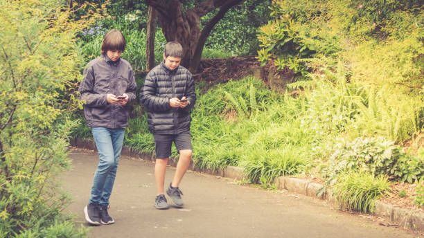 Teenage Mixed Race Brothers Walking In Park Using Their Mobile Phones - selective focus with copy space