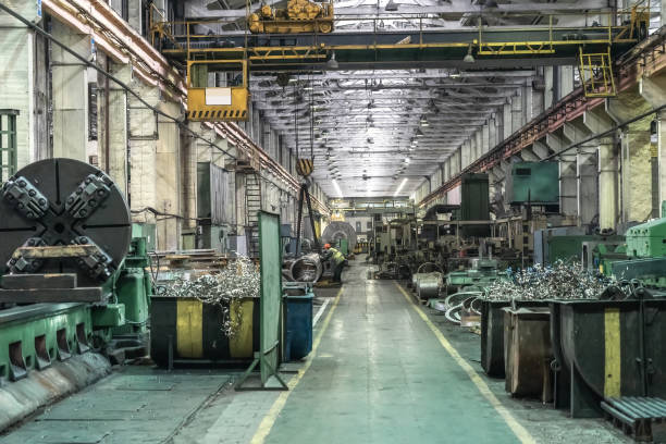 istock Workshop factory interior with machines, industrial lathes and steel manufacturing processing metal production 1346053805