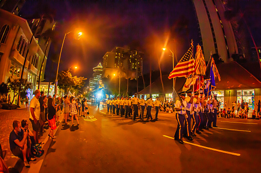 Honolulu, United States, December 06 2012 : a military ceremonial parade on the streets of Waikiki commemorating ww2 Pearl Harbor