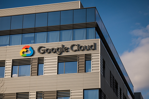 Seattle, USA - Feb 26, 2020: The new Google building in the south lake union area late in the day with a cloudy sky.