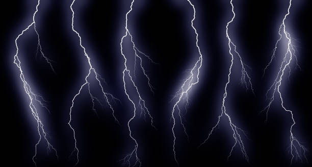 istock Lightning bolts isolated on black background. Thunder electric strike. Thunderstorm and lightning 1346060727