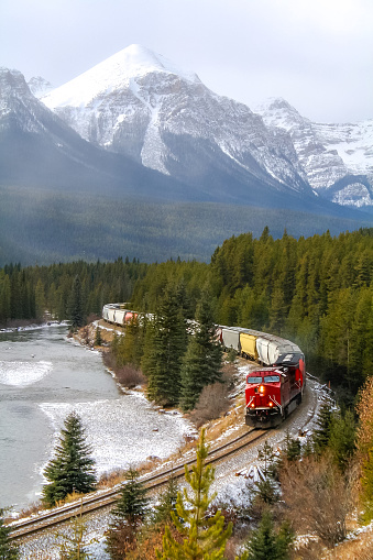 Train at Morant’s Curve in Banff National Park. Location featured on Canadian $10 bill
