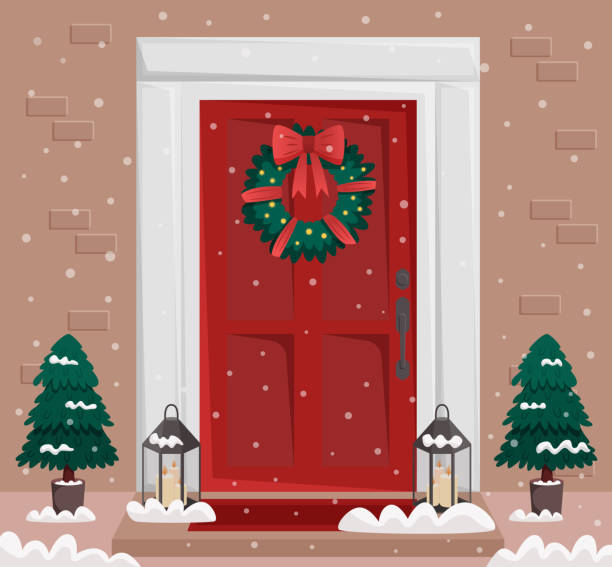 istock Christmas red door with wreath and snow 1346063325