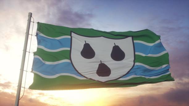 istock Worcestershire flag, England, waving in the wind, sky and sun background. 3d rendering 1346065673