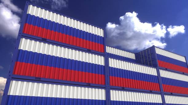 istock Russia flag containers are located at the container terminal. Russia export or import concept, 3d rendering 1346065741