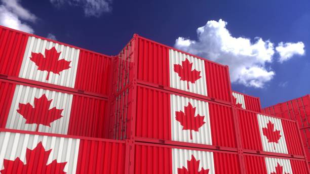 istock Canada flag containers are located at the container terminal. Canada export or import concept, 3d rendering 1346065779