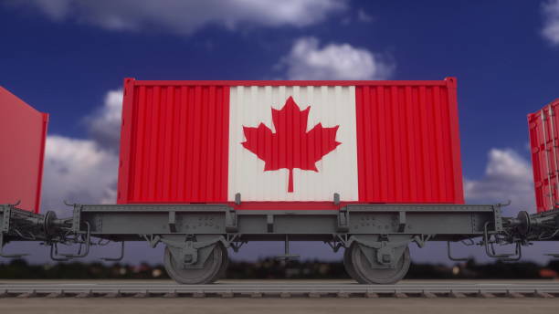 istock Train and containers with the flag of Canada. Railway transportation. 3d rendering 1346065787