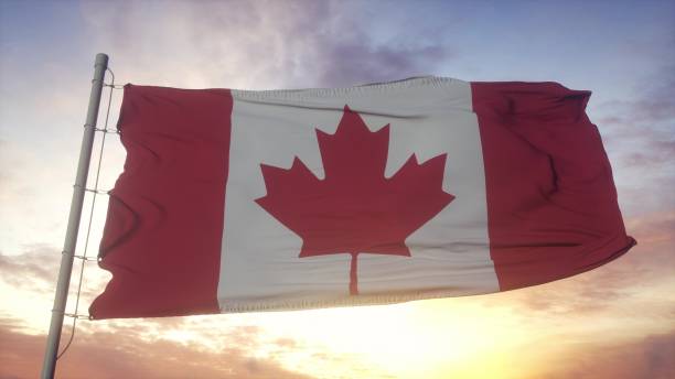 istock Flag of Canada waving in the wind, sky and sun background. 3d rendering 1346065804