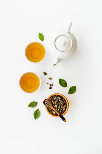 istock Two cups of tea with white teapot, top view 1346066534