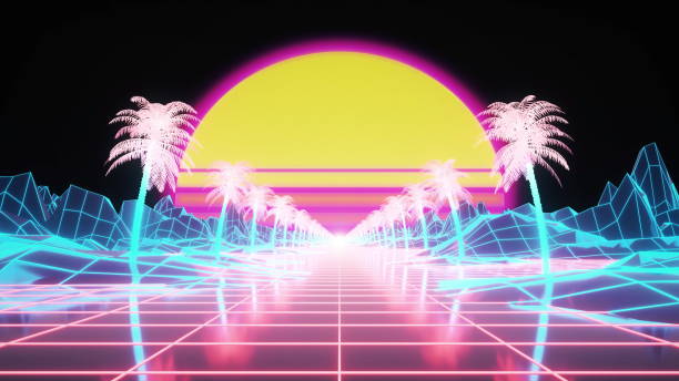 istock Retrowave background with sun, and neon grid on terrain. 3d rendering 1346066697