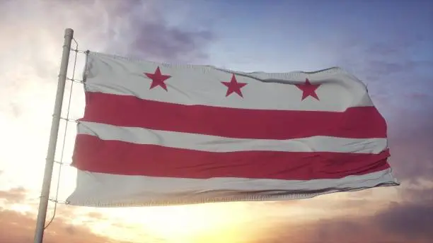 Photo of District of Columbia flag waving in the wind, sky and sun background. 3d rendering