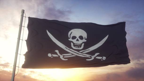 Realistic Pirate flag waving in the wind, sky and sun background. 3d rendering.