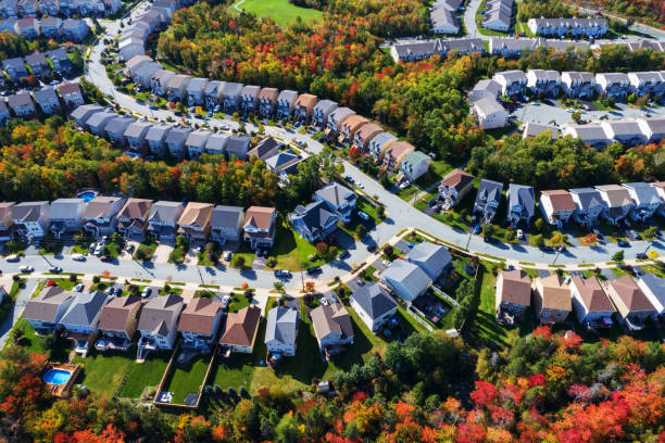 Aerial View of Suburban Landscape An aerial drone view of a suburban landscape in Autumn. maritime provinces stock pictures, royalty-free photos & images