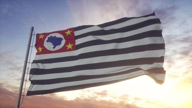 istock Sao Paulo State Flag waving in the wind, sky and sun background. 3d rendering 1346067171