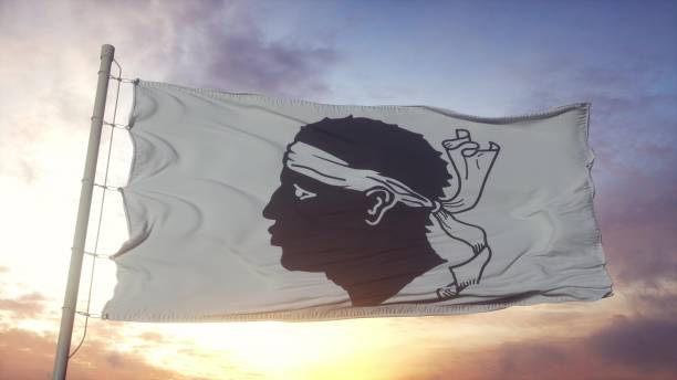 Corsica flag, France, waving in the wind, sky and sun background. 3d rendering Corsica flag, France, waving in the wind, sky and sun background. 3d rendering. corsican flag stock pictures, royalty-free photos & images