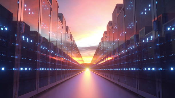 Servers at sunset, cloud technology concept. 3d rendering Servers at sunset, cloud technology concept. 3d rendering. supercomputer stock pictures, royalty-free photos & images