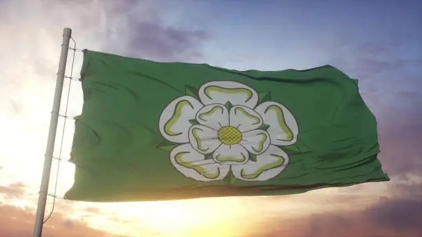 North Yorkshire flag, England, waving in the wind, sky and sun background. 3d rendering.