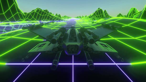 istock Futuristic spaceship flying through space. Retro futuristic 80's style spacecraft. 3d rendering 1346068280