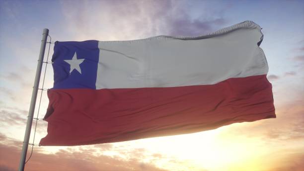 istock Flag of Chile waving in the wind, sky and sun background. 3d rendering 1346068308