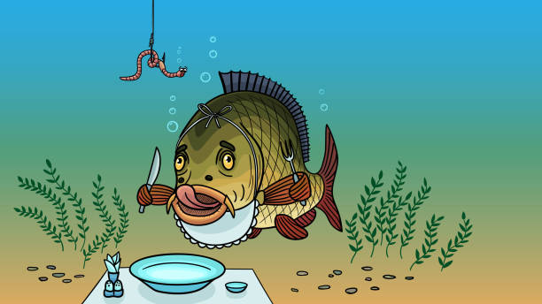 illustrazioni stock, clip art, cartoni animati e icone di tendenza di un disegno umoristico sul tema della pesca. il pesce è in attesa di un verme impalato su un amo. - worm cartoon fishing bait fishing hook