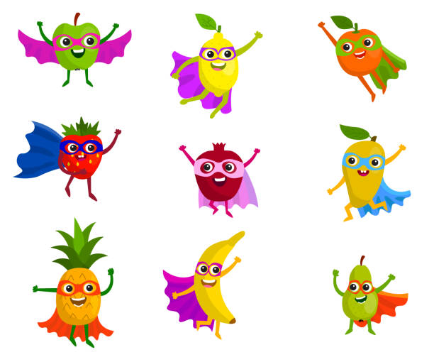 Cute super fruits set in flat style. Cute super fruits set in flat style. Superheroes with smiles, cloaks and masks. Apple and lemon, orange and strawberry, pomegranate and mango, pineapple and banana, pear. perfect pear stock illustrations