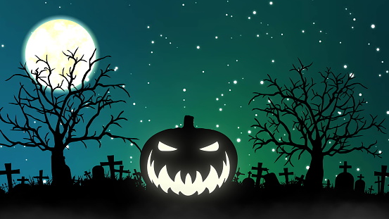Halloween Night Background. Pumpkin and flying Bats Halloween Night festival. 3d rendering.