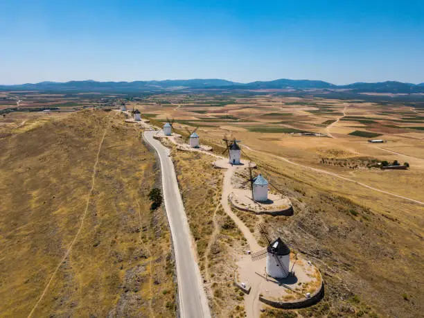 Aerial view of Don Quixote windmills. Molino Rucio Consuegra in the center of Spain.