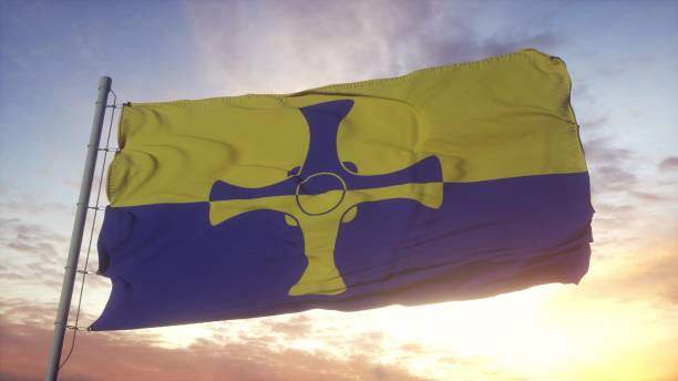 istock County Durham flag, England, waving in the wind, sky and sun background. 3d rendering 1346068975