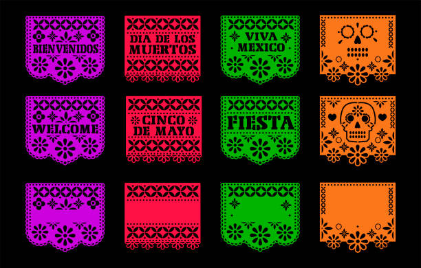 illustrazioni stock, clip art, cartoni animati e icone di tendenza di papel picado. giorno dei morti. dia de los muertos. vettore con bandiere tradizionali messicane tagliate in carta. spazio per scrivere. isolato su sfondo nero. eps 10 - messico