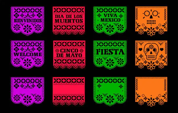 Vector illustration of Papel picado. Day of the Dead. Dia de los muertos. vector with traditional mexican paper cut flags. space to write. Isolated on a black background. eps 10