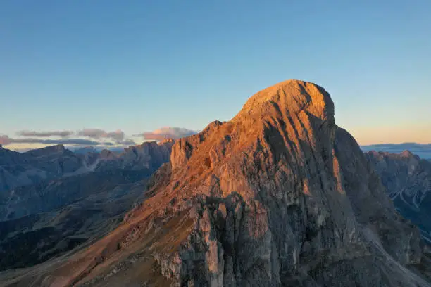Aerial view of the valley and Mount Peitlerkofel during dawn. Dolomites in South Tyrol.