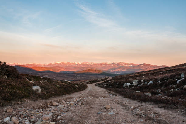 sentiero escursionistico attraverso cairngorms in scozia durante l'alba - wilderness area snow landscape valley foto e immagini stock