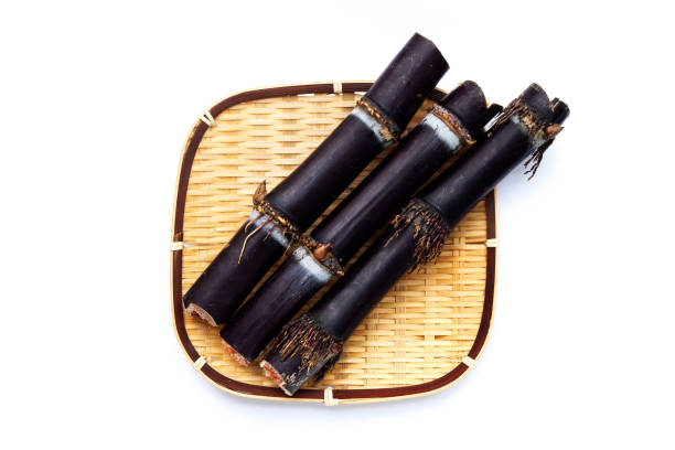 Sugar cane in bamboo basket on white background.