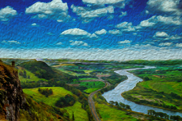 Hilly landscape with forests and river at the Scottish countryside. A region with astonishing scenery in north of Great Britain. Oil paint filter.