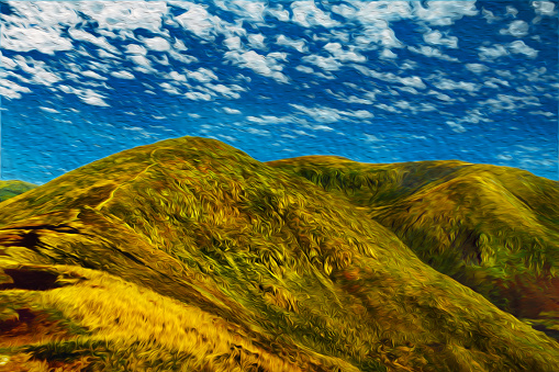 Hilly landscape with peaks and fields in a sunny day at the Lake District. A mountain region with astonishing scenery in England. Oil paint filter.