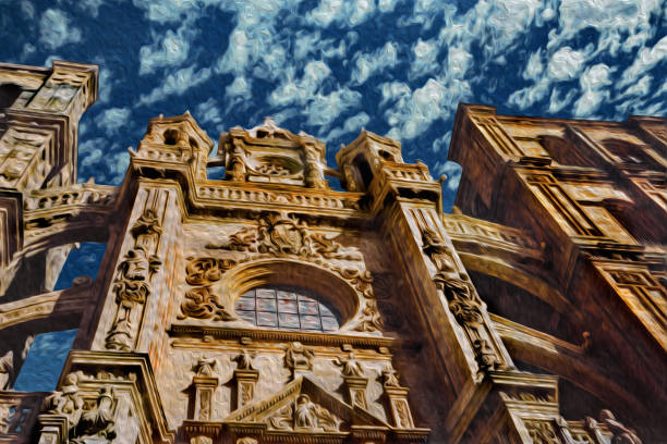 Steeple and facade from the gothic Cathedral of Astorga. A town on the Way of St. James, a Catholic pilgrimage route in Spain. Oil paint filter.
