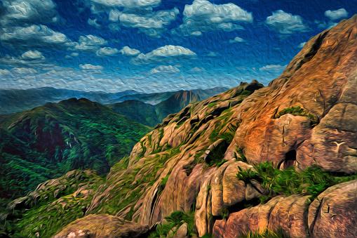 Rocky peaks and valleys covered by forest viewed from the Marins Peak, one of the highest points at the Mantiqueira Ridge, in Brazil. Oil Paint filter