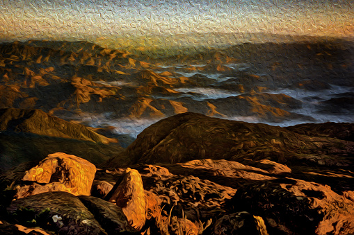 Peaks and valleys covered by the morning mist at the Marins Peak. One of the highest points at the Mantiqueira Ridge, in Brazil. Oil Paint filter.