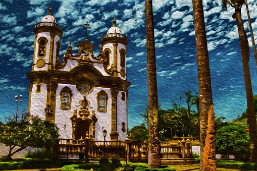 Facade in baroque style and garden at the San Francisco Church in Sao Joao del Rei. A historical town in the Brazilian countryside. Oil paint filter.