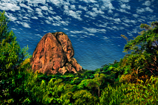 Steep rock called Bau Peak emerging from a forest. The region is a tourism attraction at the Mantiqueira Ridge, in Brazil. Oil Paint filter.