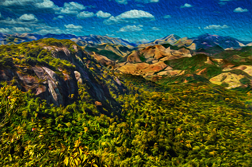 Rural landscape of rocky cliffs and valleys covered by forest near Monte Verde. A village very popular by its ecotourism in Brazil. Oil Paint filter.