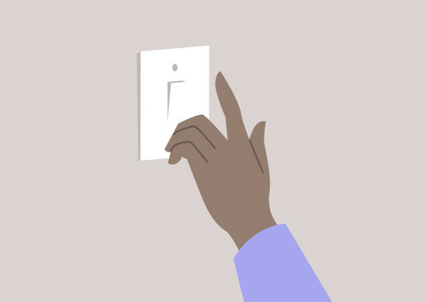 ilustraciones, imágenes clip art, dibujos animados e iconos de stock de una mano presionando un botón y encendiendo la electricidad - luz electricidad y hogar