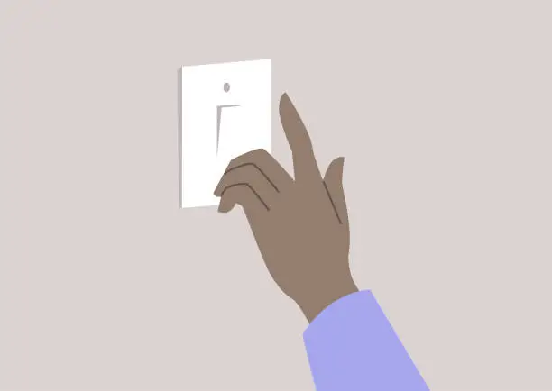 Vector illustration of A hand pushing a button and turning on electricity